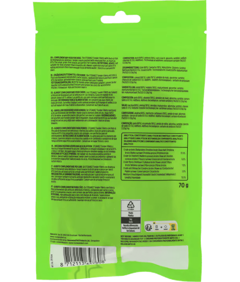 Back packaging of Rosewood dog treats, Steakiez Duck Tender Fillets, 70g, with ingredient details and feeding instructions.