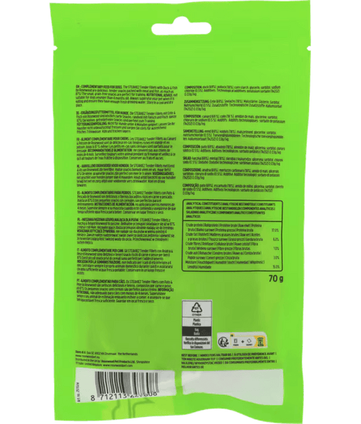 Back packaging of Rosewood dog treats, Steakiez Duck Tender Fillets, 70g, with ingredient details and feeding instructions.
