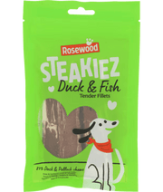 Rosewood dog treats - Steakiez Duck & Fish Tender Fillets packaging, featuring a green background and a dog illustration.