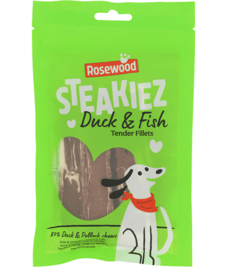 Rosewood dog treats - Steakiez Duck & Fish Tender Fillets packaging, featuring a green background and a dog illustration.