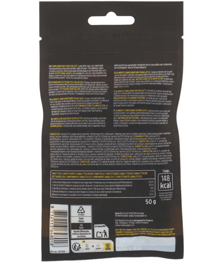 Back of Rosewood Naturefood Dental Bites Chicken packaging, showing nutritional information and ingredients for grain-free chicken flavored cat treats.