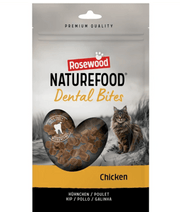 Rosewood Naturefood Dental Bites Chicken, chicken flavored cat treats in a 50g bag for dental care.