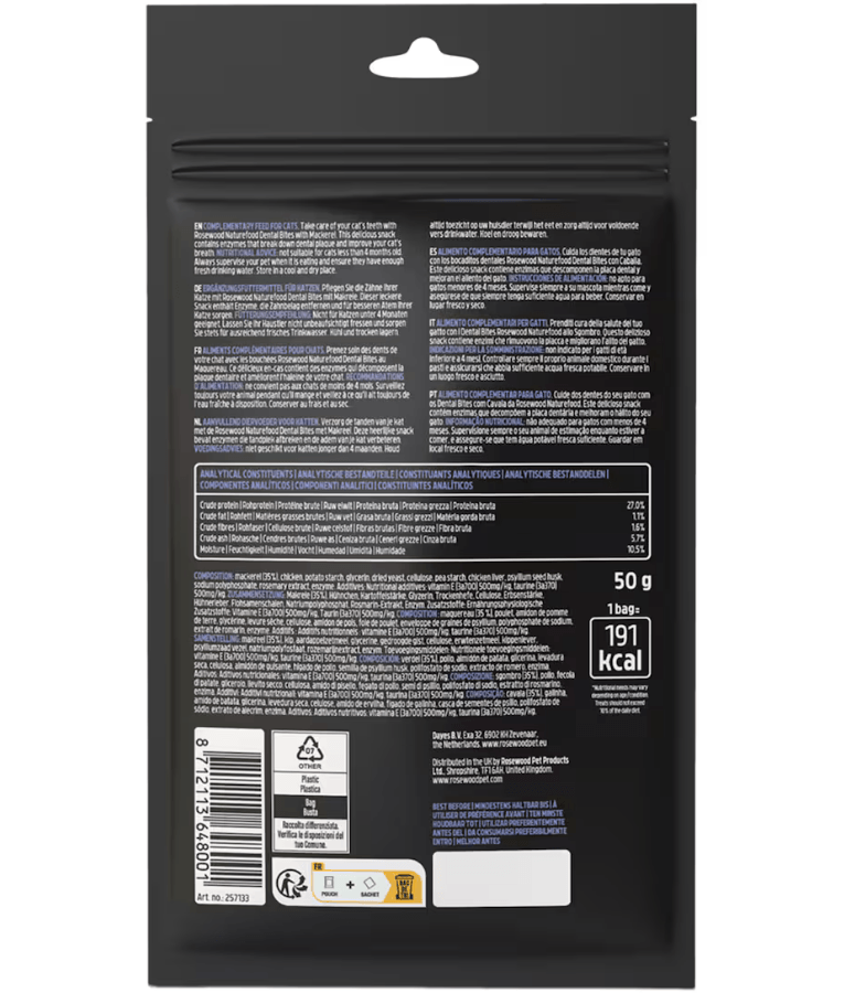 Back of Rosewood Naturefood Dental Bites Mackerel package with nutritional information and ingredients for cat dental bites.