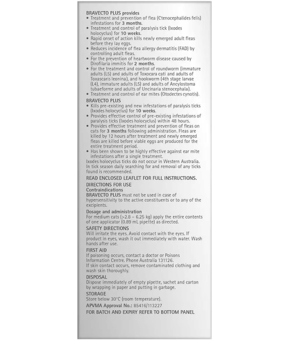 Bravecto Plus - Fluralaner & Moxidectin Spot-On Solution for Medium Cats, Tick, Flea & Worm Protection - 2.8–6.25 kg