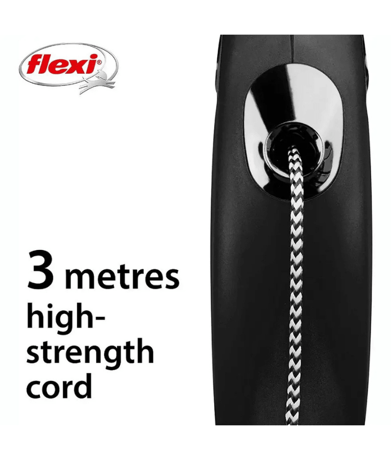 Flexi - Classic Cord Retractable Leash - XSmall 3m & Medium 8m Cord up to 20kg - Black