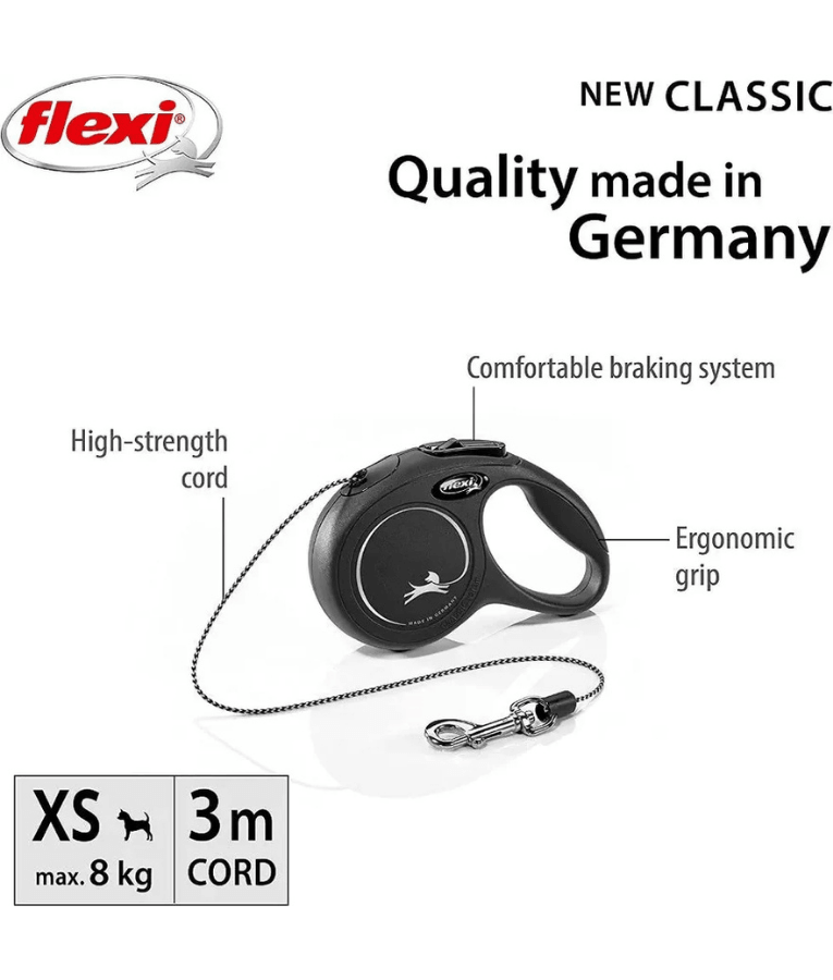 Flexi - Classic Cord Retractable Leash - XSmall 3m & Medium 8m Cord up to 20kg - Black