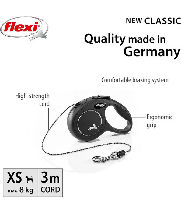Flexi - Classic Retractable Cord Black Leash, Ergonomic Brake System Xs - M