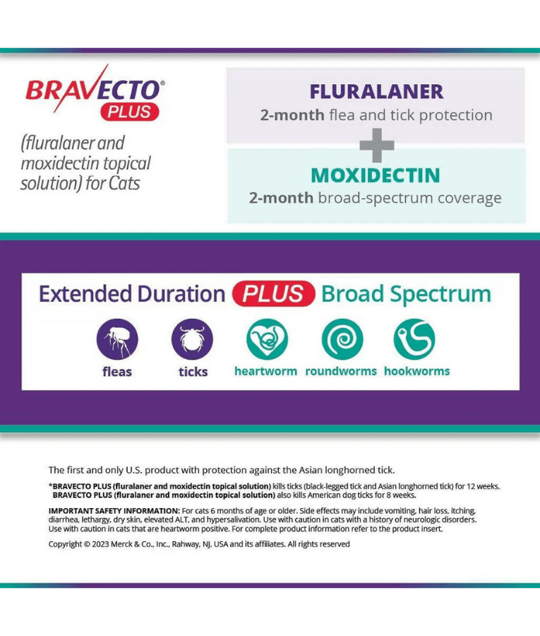 Bravecto Plus - Fluralaner & Moxidectin Spot-On Solution for Medium Cats, Tick, Flea & Worm Protection - 2.8–6.25 kg