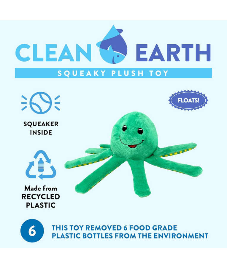 Spunky Pup - Octopus Clean Earth Plush Textured, Recycled Materials, Sustainable Floating Squeaky Dog Toy - Small