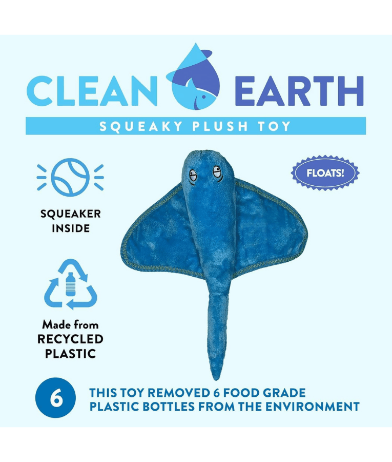 Spunky Pup - Stingray Clean Earth Plush Textured, Recycled Materials, Sustainable Floating Squeaky Dog Toy - Small