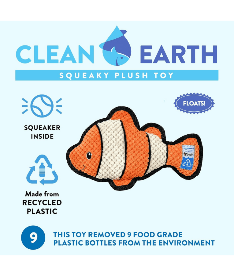 Spunky Pup - Clownfish Clean Earth Plush Textured, Recycled Materials - Sustainable Floating Squeaky Dog Toy
