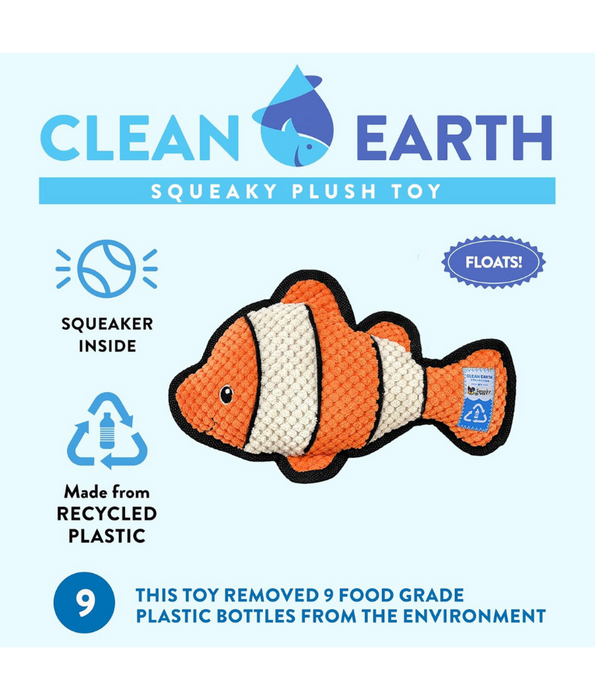 Spunky Pup - Clownfish Clean Earth Plush Textured, Recycled Materials - Sustainable Floating Squeaky Dog Toy