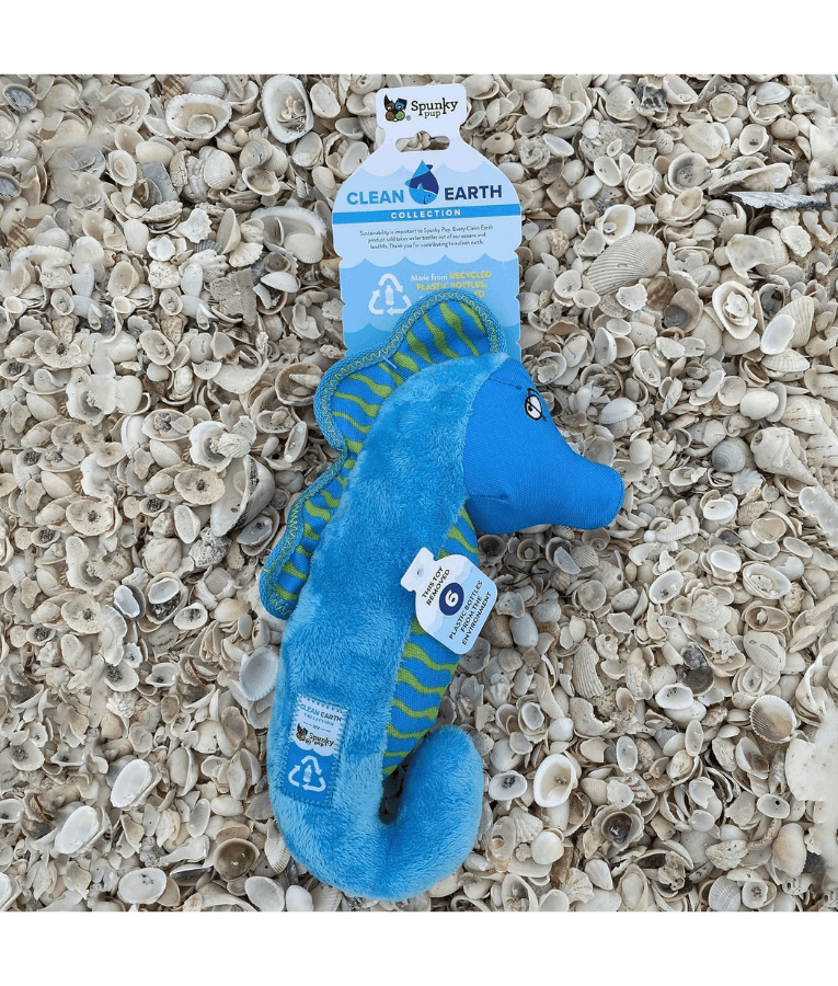 Spunky Pup - Seahorse Clean Earth Plush Textured, Recycled Materials, Sustainable Floating Squeaky Dog Toy - Small