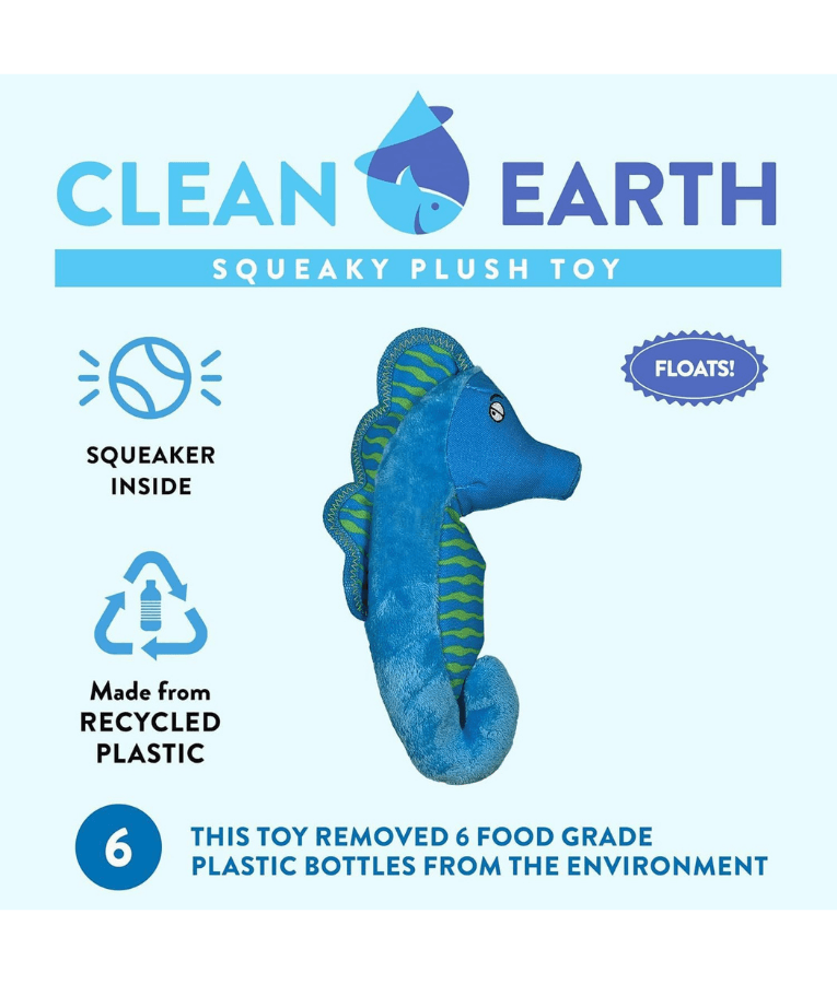 Spunky Pup - Seahorse Clean Earth Plush Textured, Recycled Materials, Sustainable Floating Squeaky Dog Toy - Small