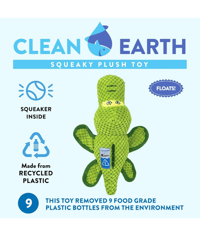 Spunky Pup - Gator Clean Earth Plush Textured, Recycled Materials - Sustainable Floating Squeaky Dog Toy