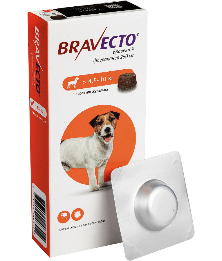 Bravecto 250mg Fluralaner, Tick & Flea Protection - 4.5-10 KG