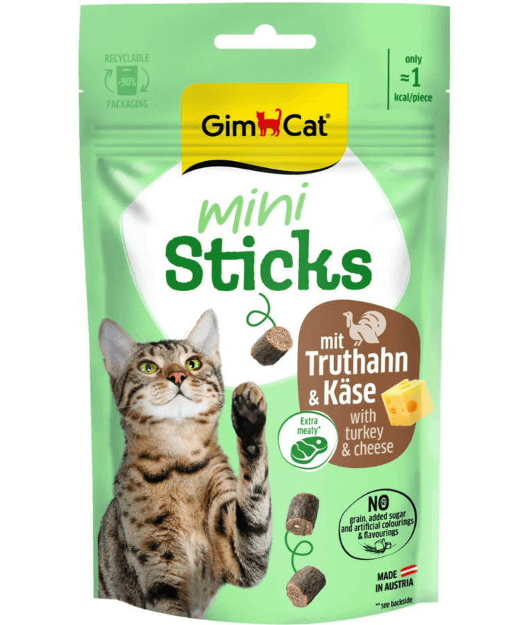 GimCat - Mini Sticks Turkey & Cheese, High Meat Content, Grain-Free Treat, All Life Stages - 50 g