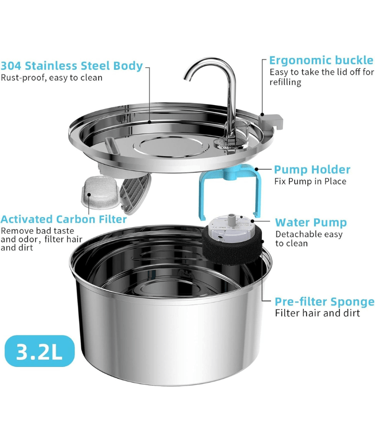 Stainless Steel Pet Water Fountain, 3.2L Capacity, Ultra-Quiet Pump, Double Filtration, Automatic Pet Water Dispenser USB Powered