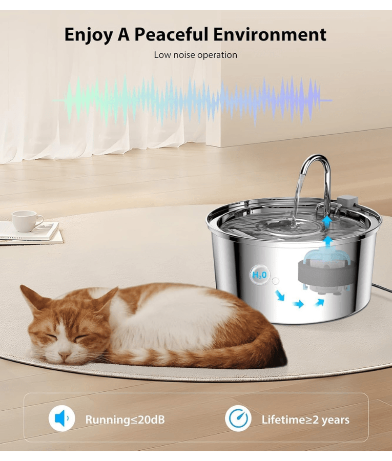 Stainless Steel Pet Water Fountain, 3.2L Capacity, Ultra-Quiet Pump, Double Filtration, Automatic Pet Water Dispenser USB Powered