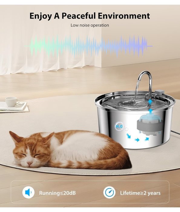 Stainless Steel Pet Water Fountain, 3.2L Capacity, Ultra-Quiet Pump, Double Filtration, Automatic Pet Water Dispenser USB Powered