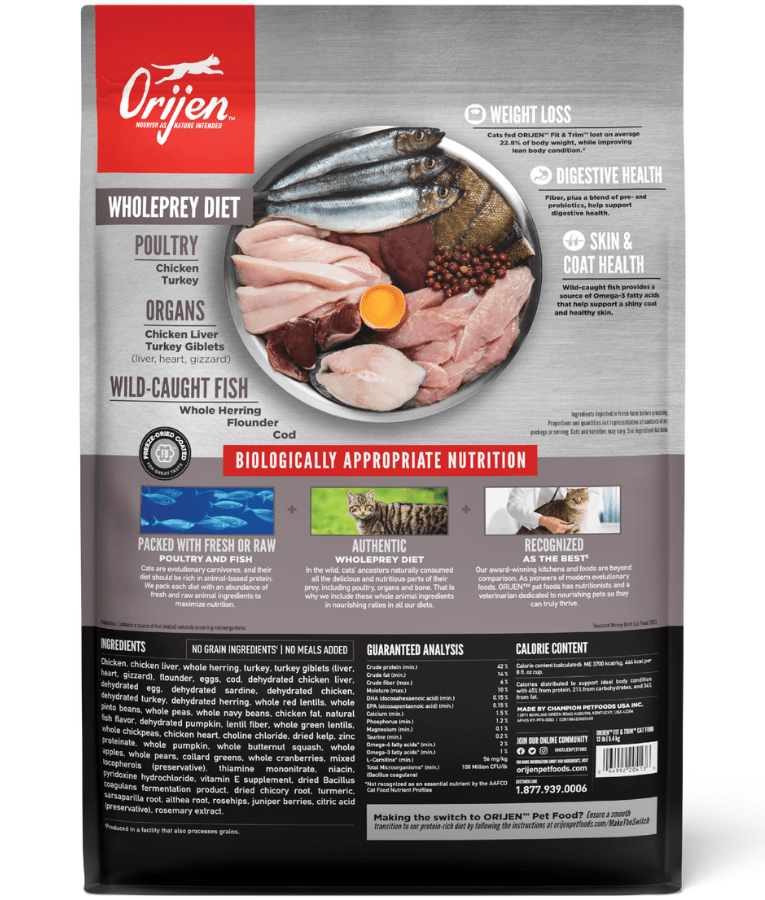 Orijen - Fit & Trim, Chicken, Turkey & Fish, High-Protein, Grain-Free, Weight Management, Adult Dry Cat Food - 340g - 1.8kg - 5.4kg