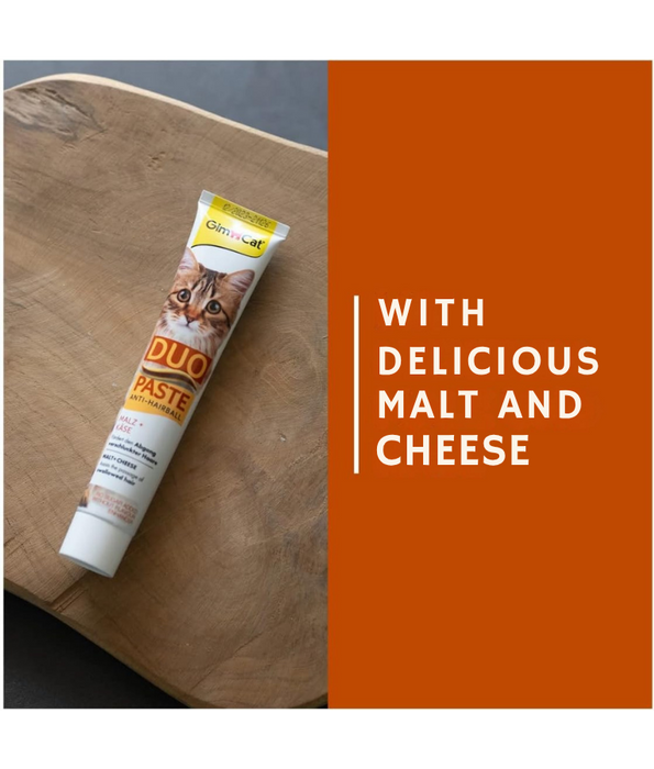 GimCat - Duo Paste Anti-Hairball Malt & Cheese, Hairball Control, Digestive Support, All Life Stages - 50g