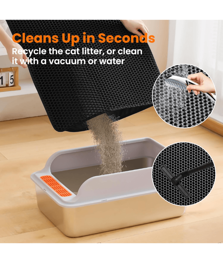 Double Layer Honeycomb Cat Litter Mat, Anti-Slip, Litter Trapping Design - Easy Clean Scatter Control Black 75x55 cm
