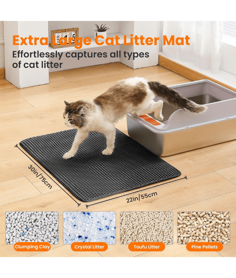 Double Layer Honeycomb Cat Litter Mat, Anti-Slip, Litter Trapping Design - Easy Clean Scatter Control Black 75x55 cm