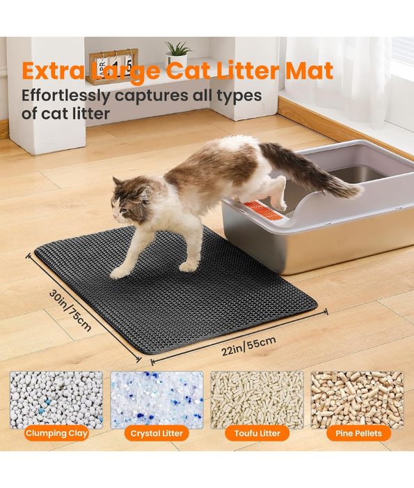 Double Layer Honeycomb Cat Litter Mat, Anti-Slip, Litter Trapping Design - Easy Clean Scatter Control Black 75x55 cm