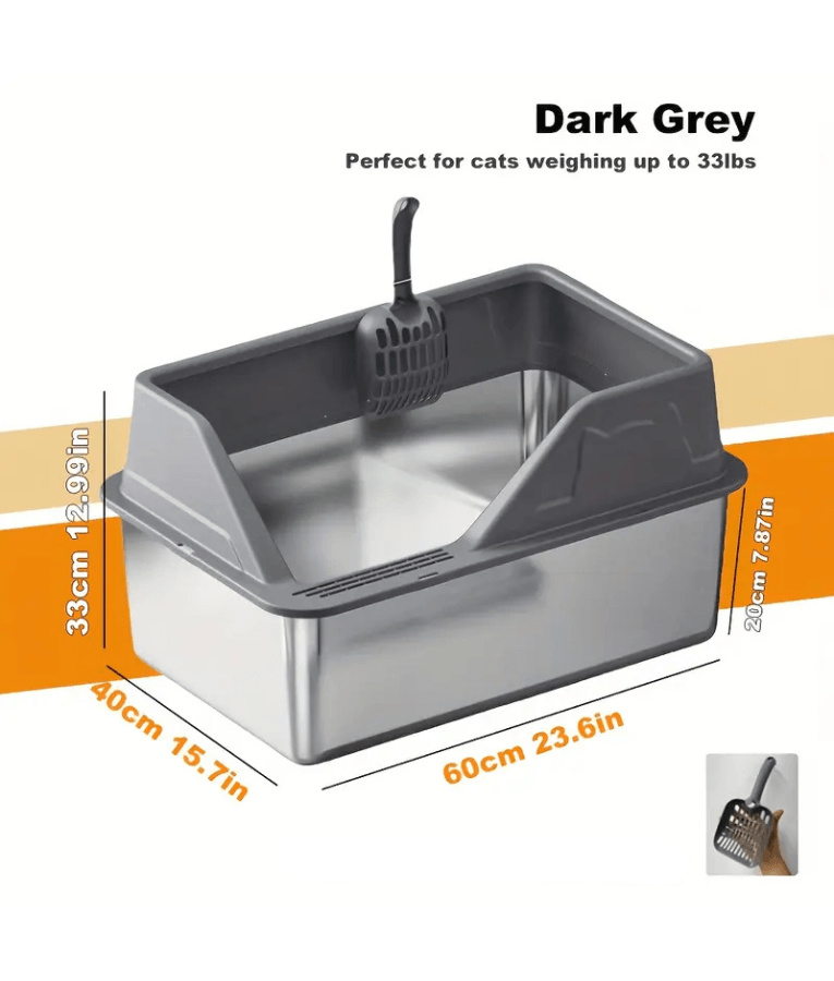 Stainless Steel Cat Litter Box, High Sides, Odor Control, Anti-Leak Design - Easy Clean XL Litter Tray Silver 60x40x33 cm