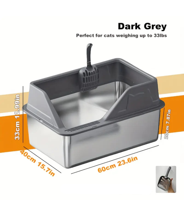 Stainless Steel Cat Litter Box, High Sides, Odor Control, Anti-Leak Design - Easy Clean XL Litter Tray Silver 40x60x33 cm