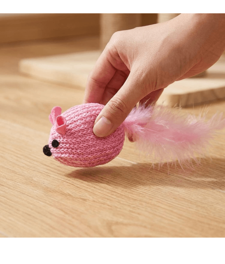 Pawise - Wool Mouse Cat Toy – Soft Knitted Plush with Feather Tail for Interactive Play