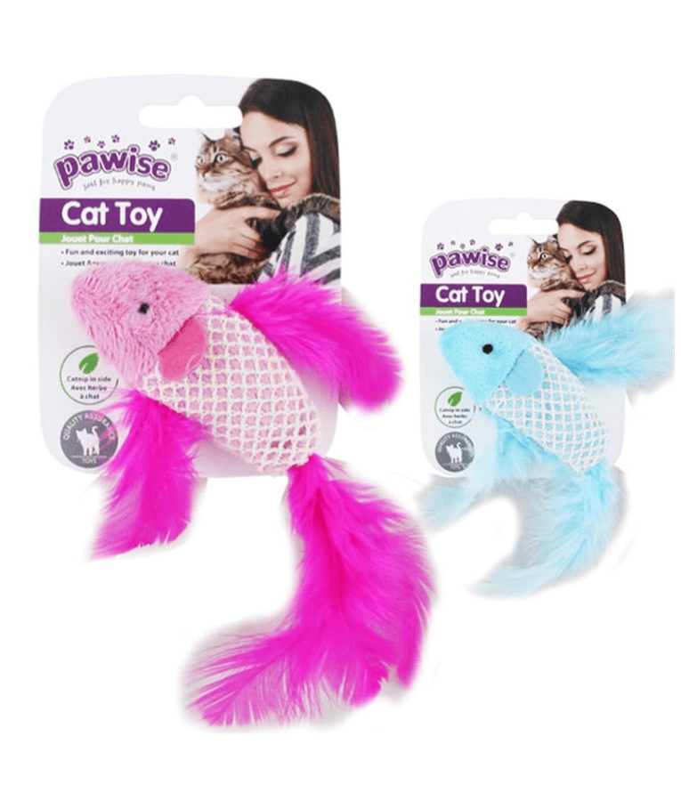 Pawise - Catnip Fish Blue, Plush & Feather Cat Toy with Catnip