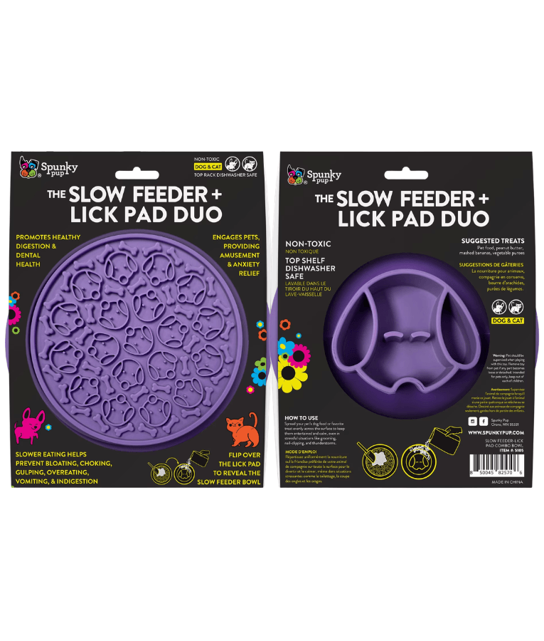 Spunky Pup - Slow Feeder & Lick Pad Combo, Food-Grade Silicone Slow Feeding Bowl for Dogs - Pink & Purple