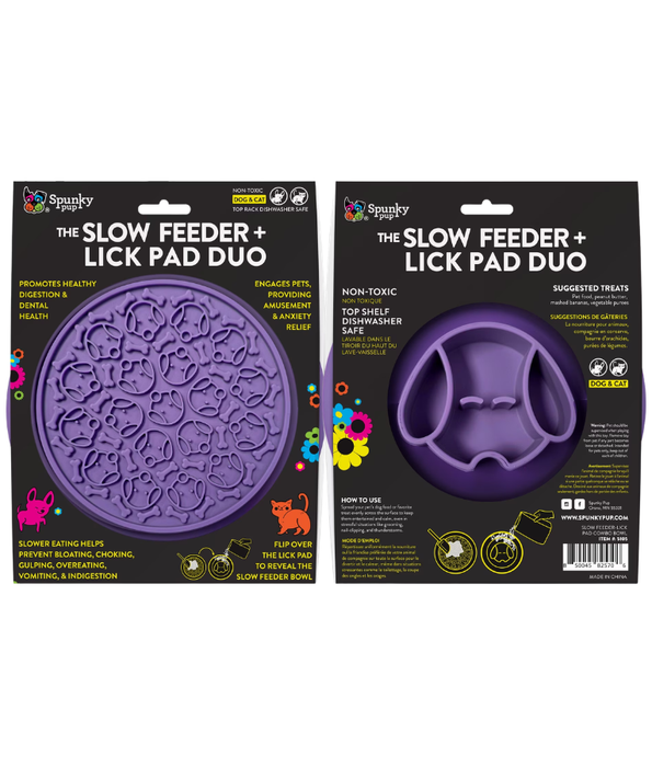 Spunky Pup - Slow Feeder & Lick Pad Combo, Food-Grade Silicone Slow Feeding Bowl for Dogs - Pink & Purple