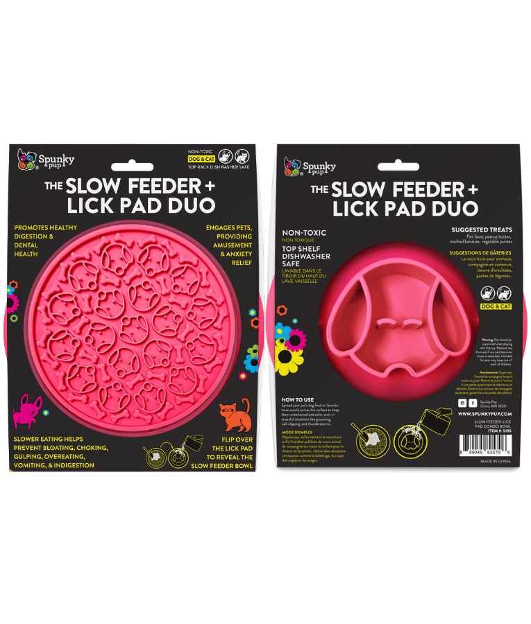 Spunky Pup - Slow Feeder & Lick Pad Combo, Food-Grade Silicone Slow Feeding Bowl for Dogs - Pink & Purple