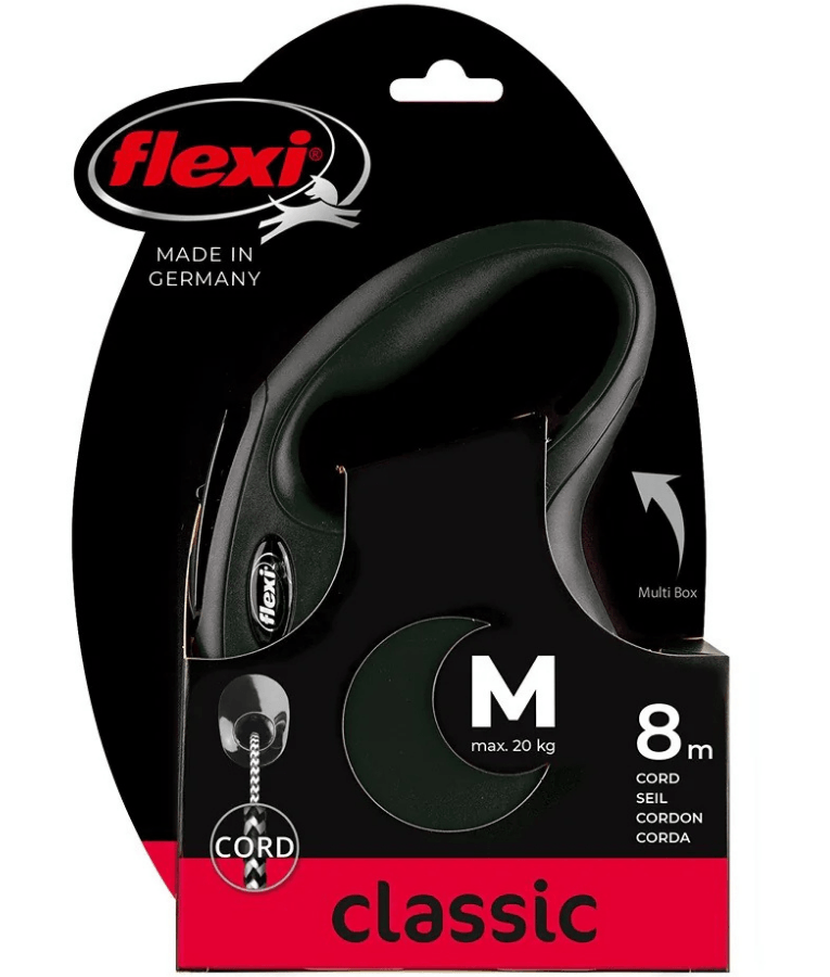 Flexi - Classic Cord Retractable Leash - XSmall 3m & Medium 8m Cord up to 20kg - Black
