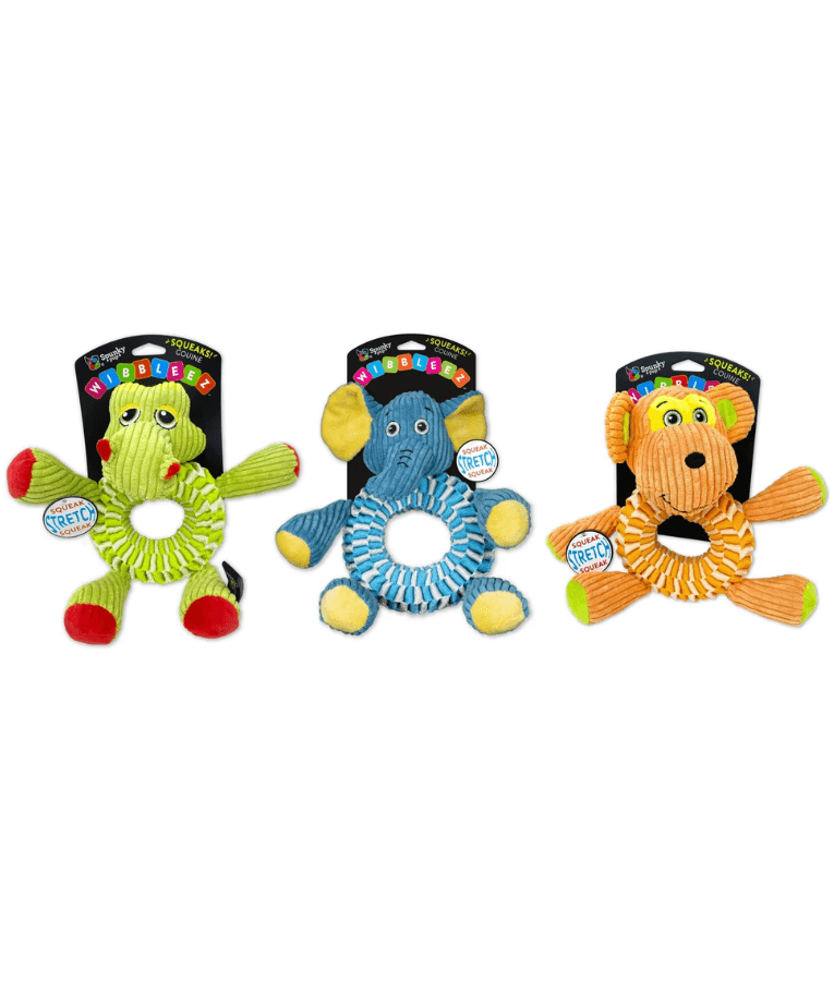Spunky Pup - Wibbleez Round Monkey, Stretch & Squeak Plush Dog Toy