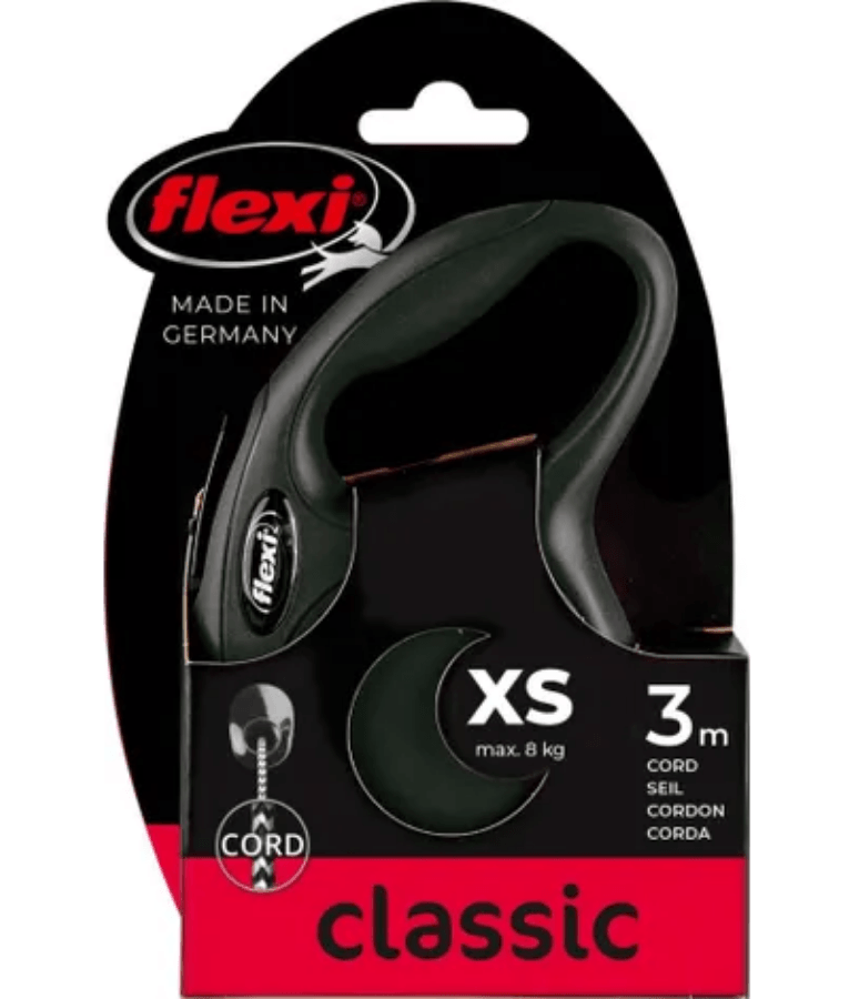 Flexi - Classic Cord Retractable Leash - XSmall 3m & Medium 8m Cord up to 20kg - Black