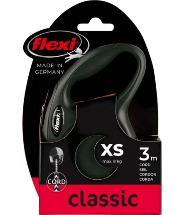 Flexi - Classic Retractable Cord Black Leash, Ergonomic Brake System Xs - M