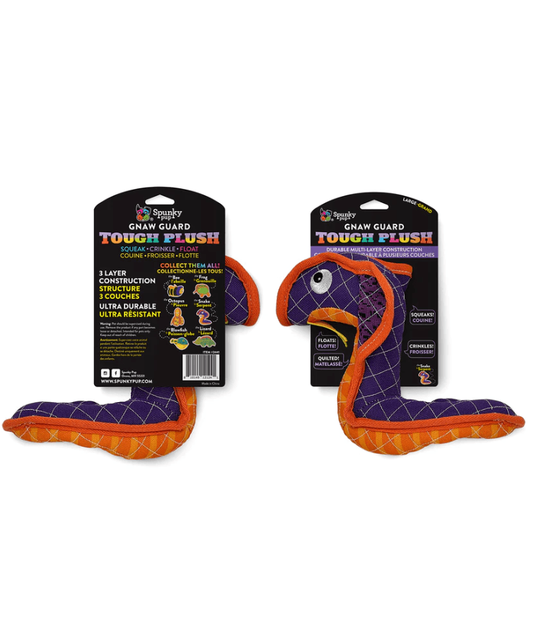 Spunky Pup - Neon Tough Plush Snake, Multi-Layer Durable Fabric - Squeaky Crinkle Floating Dog Toy - Small