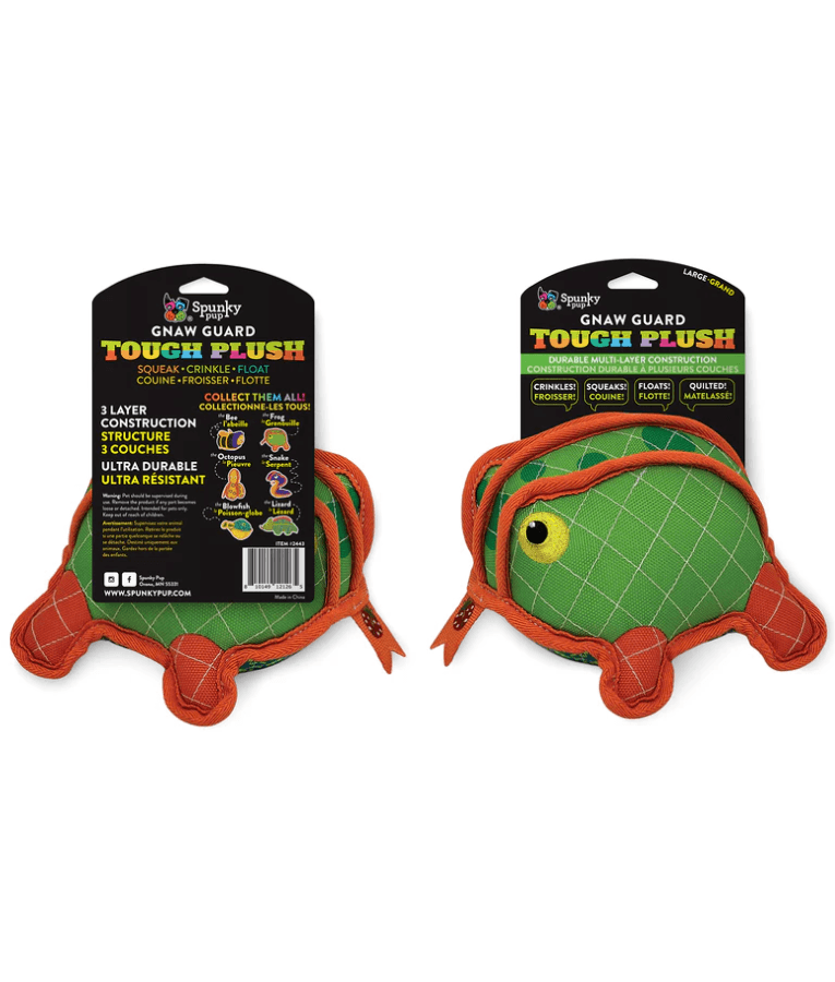 Spunky Pup - Neon Tough Plush Frog, Multi-Layer Durable Fabric - Squeaky Crinkle Floating Dog Toy - Small
