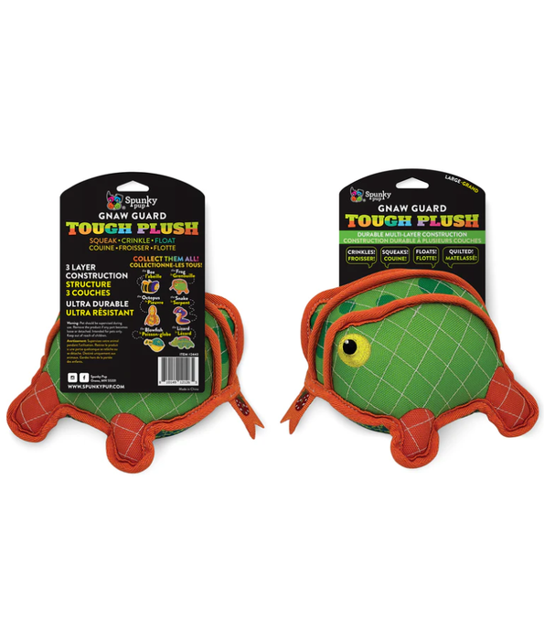 Spunky Pup - Neon Tough Plush Frog, Multi-Layer Durable Fabric - Squeaky Crinkle Floating Dog Toy - Small