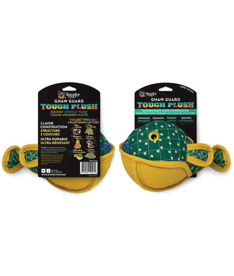 Spunky Pup - Neon Tough Plush Blowfish, Multi-Layer Durable Fabric - Squeaky Crinkle Floating Dog Toy - Small