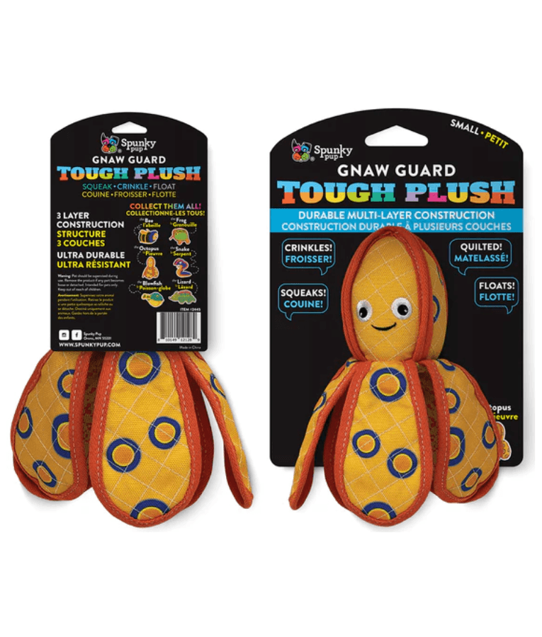 Spunky Pup - Neon Tough Plush Octopus, Multi-Layer Durable Fabric - Squeaky Crinkle Floating Dog Toy - Small