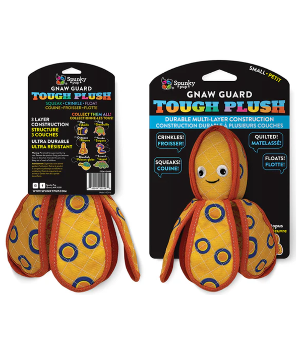 Spunky Pup - Neon Tough Plush Octopus, Multi-Layer Durable Fabric - Squeaky Crinkle Floating Dog Toy - Small
