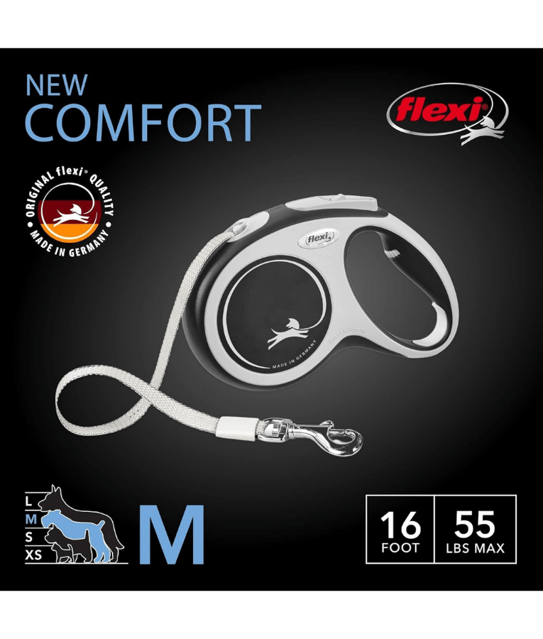 Flexi - New Comfort Tape Retractable Leash - 5m Tape - Small & Medium Dogs up to 25kg - White/Black
