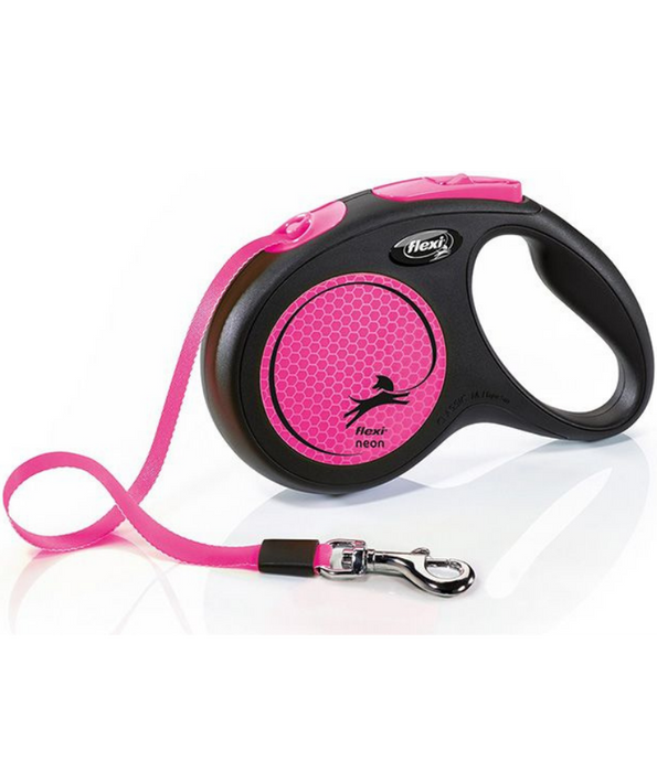 Flexi - New Neon Tape Retractable Leash, 5 m Tape, Reflective Neon Design, Medium Dog - Pink
