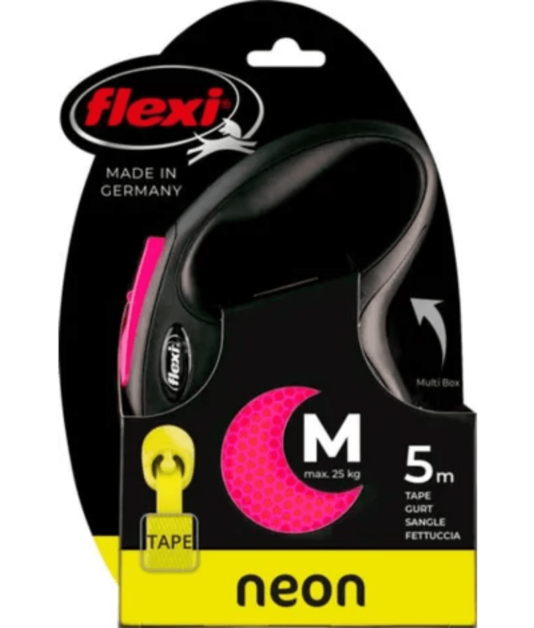 Flexi - New Reflective Neon Tape Retractable Leash - 5m Tape - Medium Dogs up to 25kg - Pink