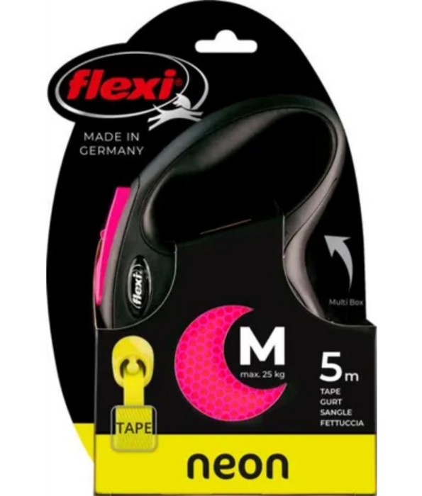 Flexi - New Neon Tape Retractable Leash, 5 m Tape, Reflective Neon Design, Medium Dog - Pink